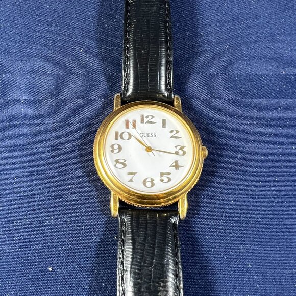 Vintage Guess Womens Gold Watch With Black Leather Band & White Dial Japan Movem - Picture 2 of 5